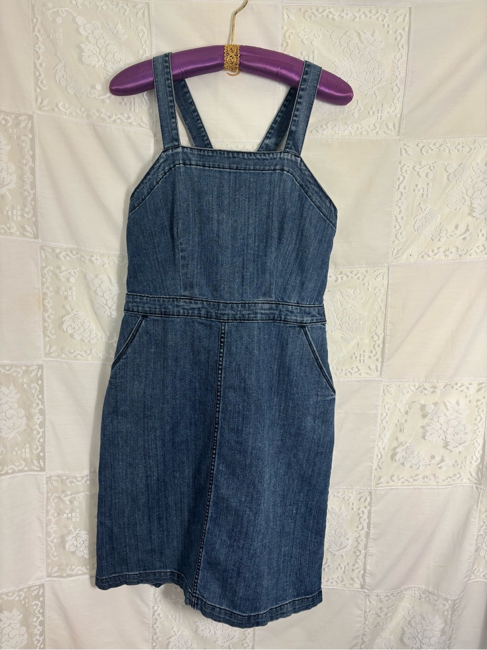 Blue Denim Cross-back Sleeveless Retro Stretch Jumper Dress With Pockets Size L